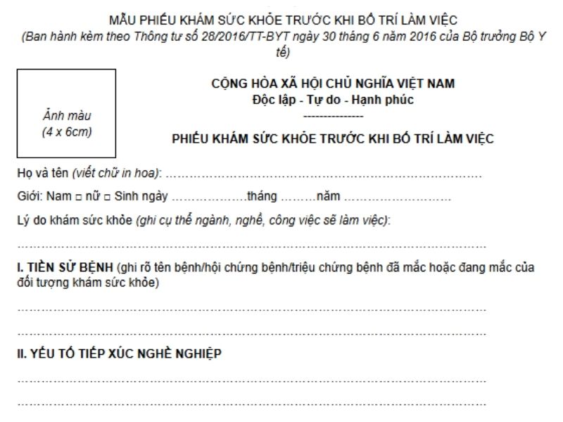 phiếu khám sức khỏe trước khi bố trí làm việc