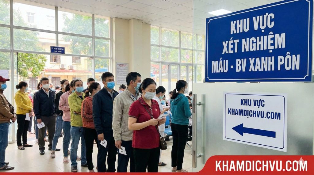Xếp hàng đăng ký Làm giấy khám sức khỏe bv Xanh Pôn