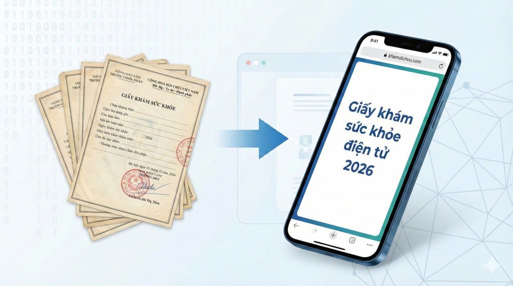 Chuyển đổi từ giấy khám sức khỏe cũ sang giấy khám sức khỏe điện tử 2026 trên điện thoại tại khamdichvu.com