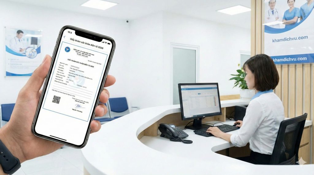 Người dân xuất trình giấy khám sức khỏe điện tử 2026 trên điện thoại tại quầy lễ tân phòng khám của khamdichvu.com