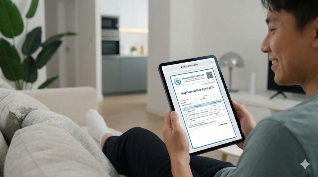 Người dùng xem giấy khám sức khỏe điện tử 2026 trên máy tính bảng tại nhà từ trang web khamdichvu.com