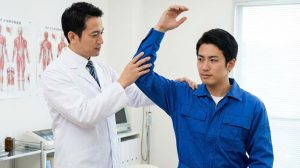 Bác sĩ thực hiện khám cơ xương khớp kiểm tra vận động tay chân cho người lao động