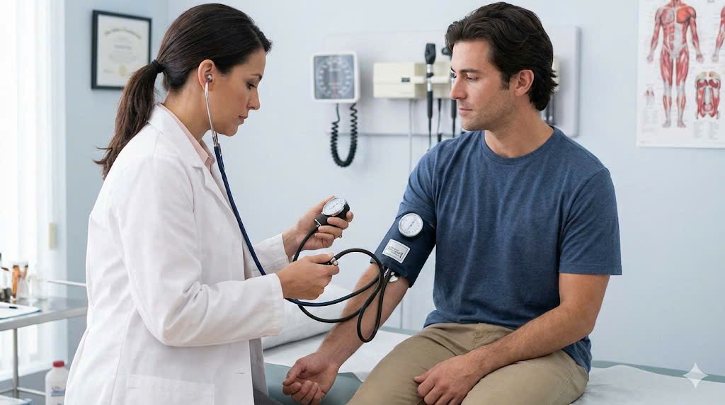 Bác sĩ thực hiện khám lâm sàng đo huyết áp cho bệnh nhân