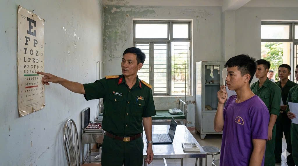 Bác sĩ đo thị lực mắt trong buổi khám sức khỏe bộ đội