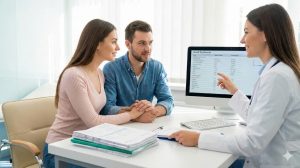 Một cặp vợ chồng trẻ (người vợ không mang bầu) đang ngồi nghe bác sĩ tư vấn, xem kết quả xét nghiệm để chuẩn bị sức khỏe tốt nhất trước khi có em bé.