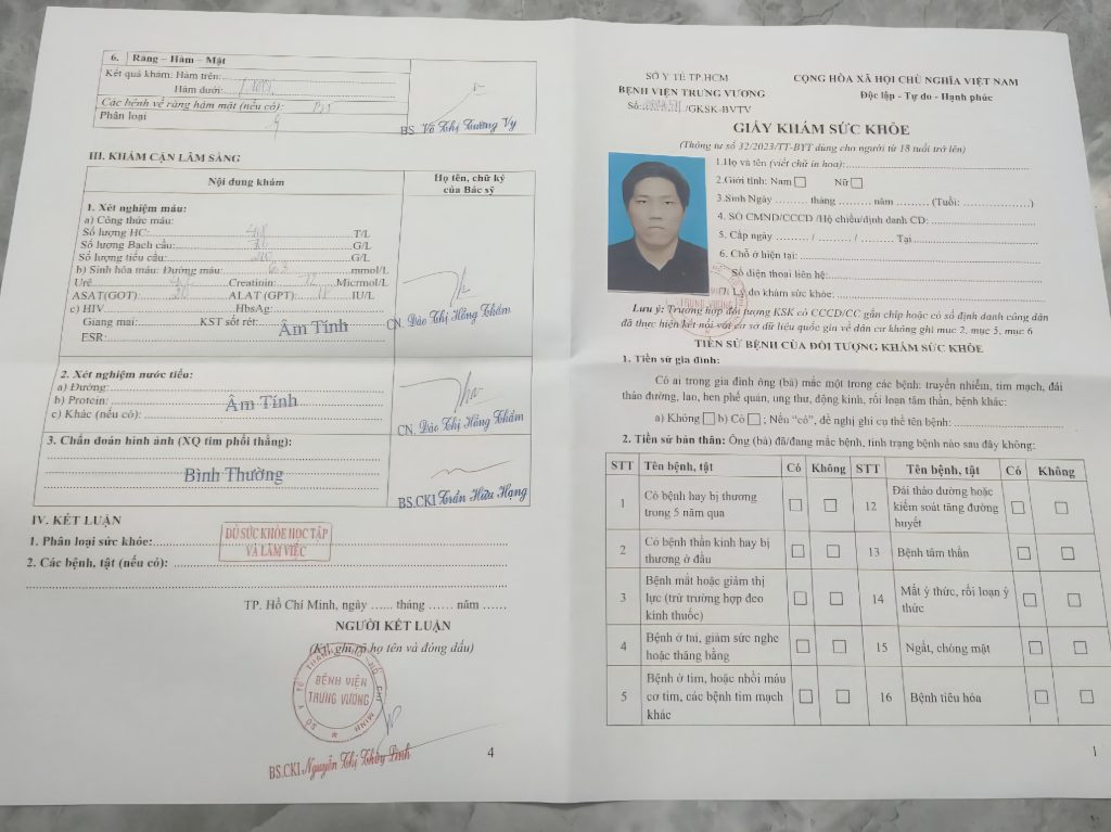 Mẫu giấy khám sức khỏe giáo viên A3 có giáp lai ảnh và dấu đỏ bệnh viện uy tín