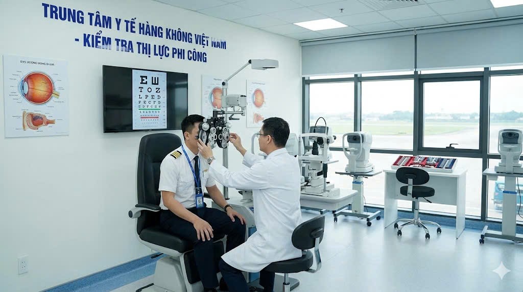 Kiểm tra thị lực trong quy trình phân loại khám sức khỏe phi công tại trung tâm y tế hàng không