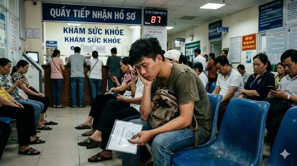 Người thanh niên mệt mỏi khi chờ đợi làm hồ sơ tại bệnh viện