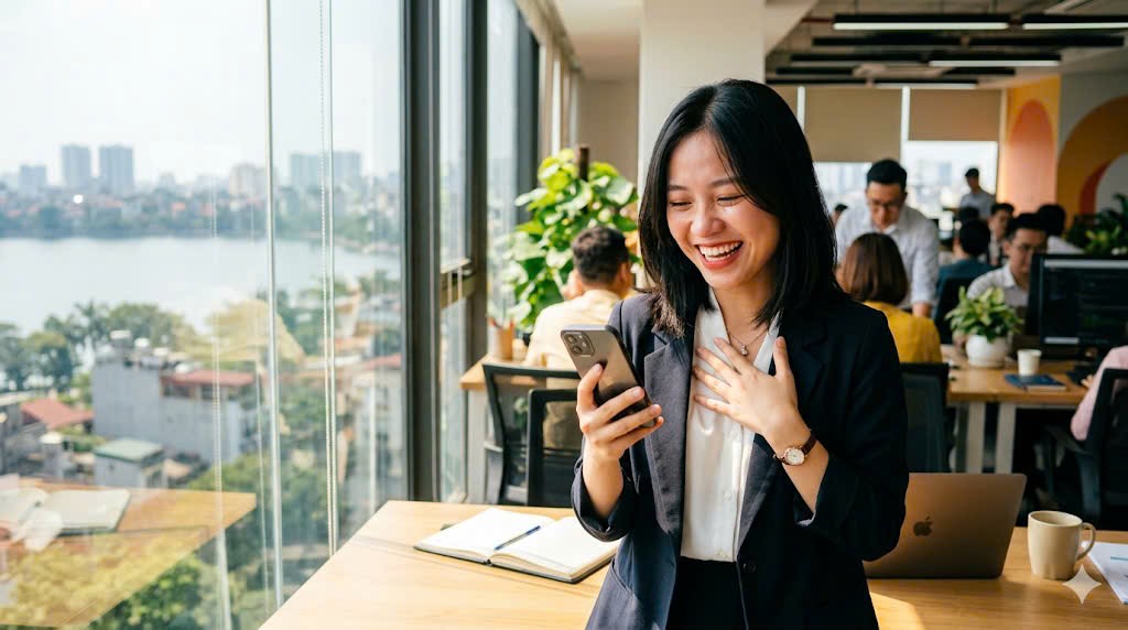 Nụ cười hạnh phúc của cô gái khi nhận được công việc mới